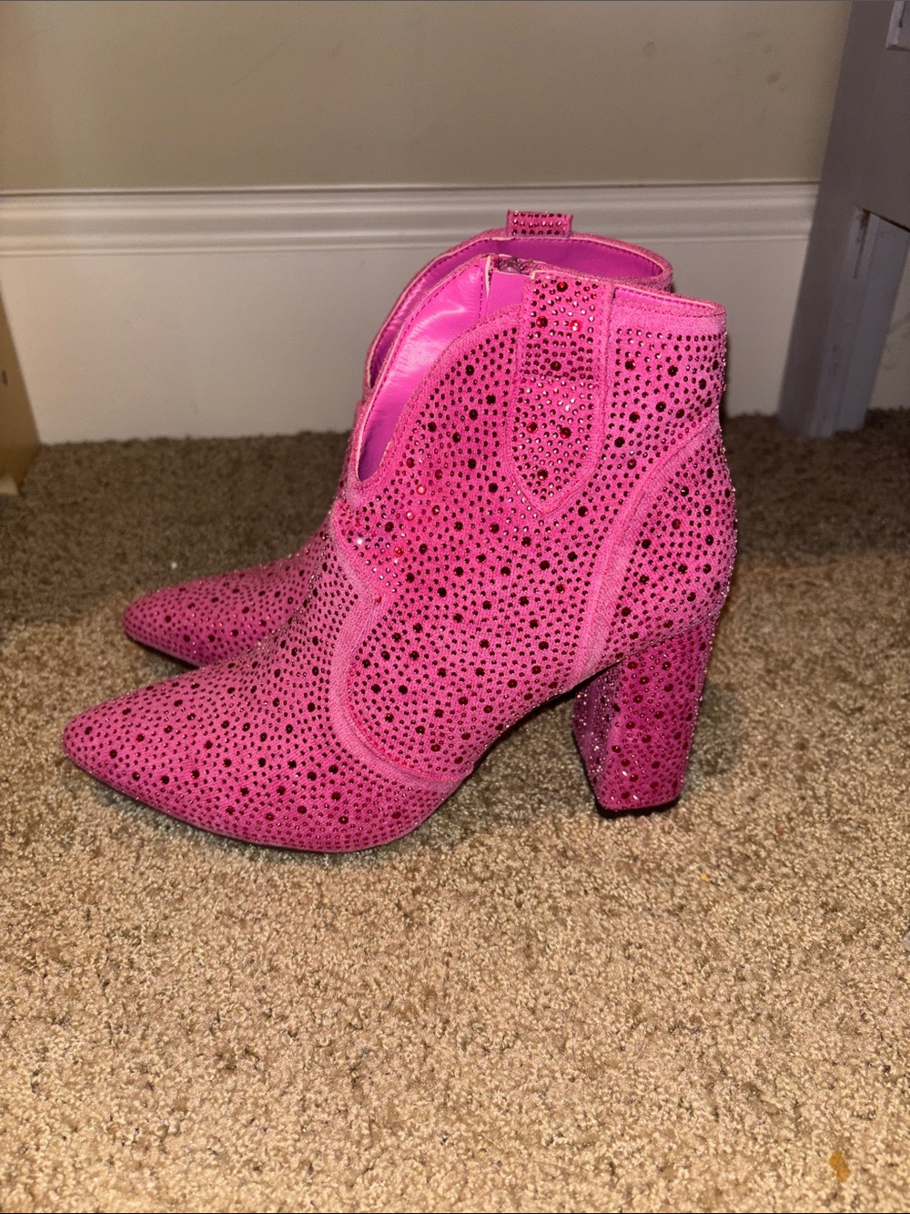 Pierre Dumas Hot Pink Rhinestone Block Heel Ankle Boots
